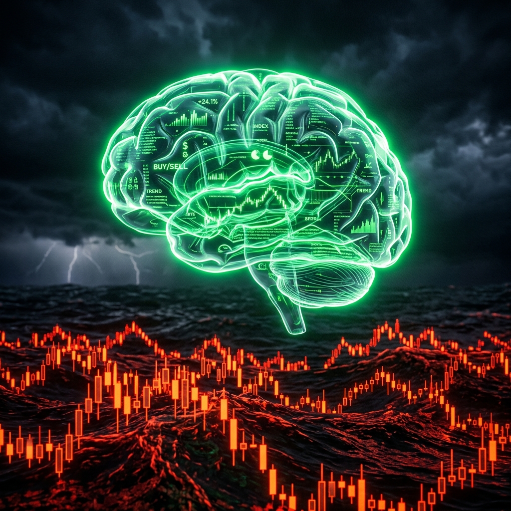 Cerebro brillante flotando sobre un mar de velas japonesas, concepto de control mental en trading