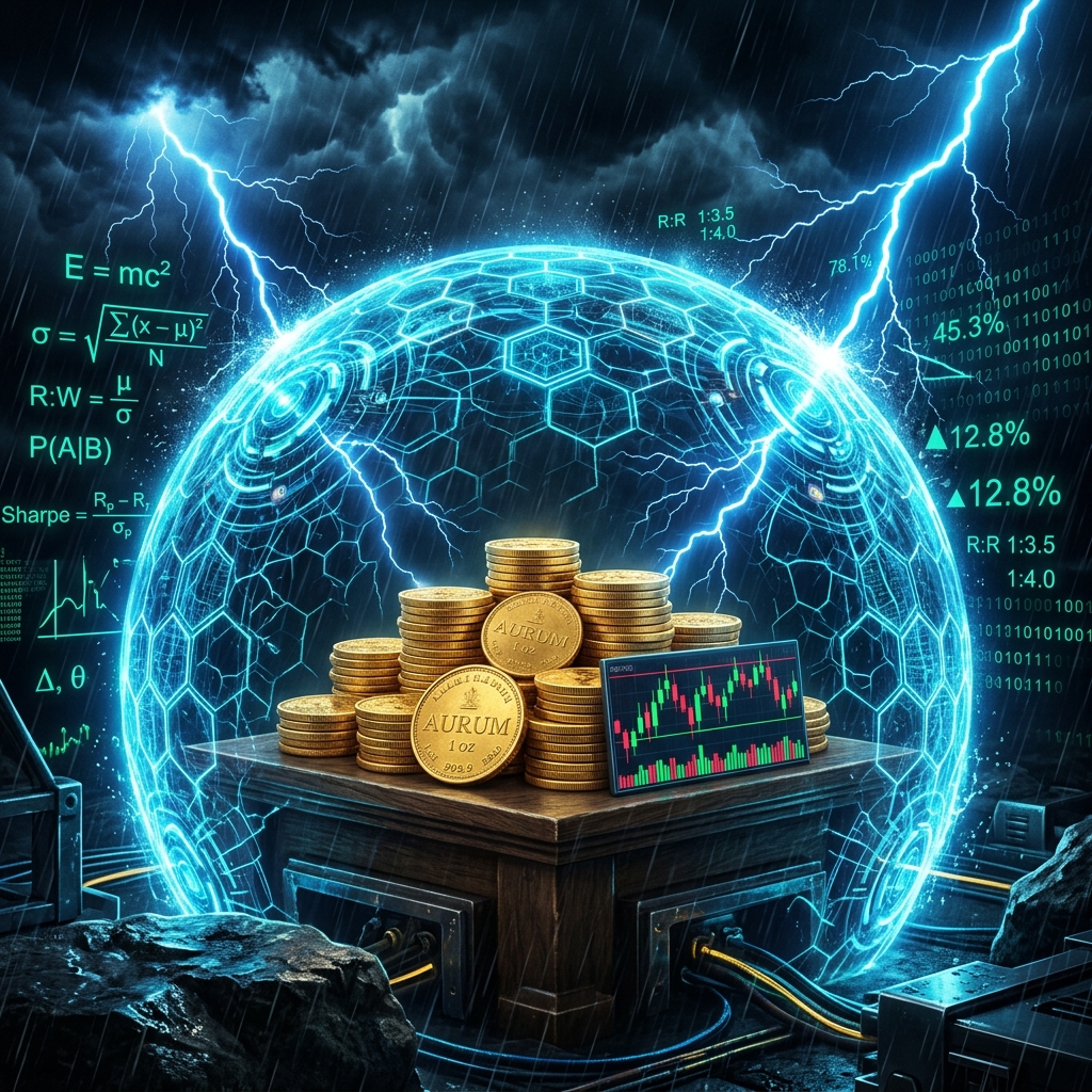 Escudo de neón protegiendo monedas y gráficos, matemáticas de trading